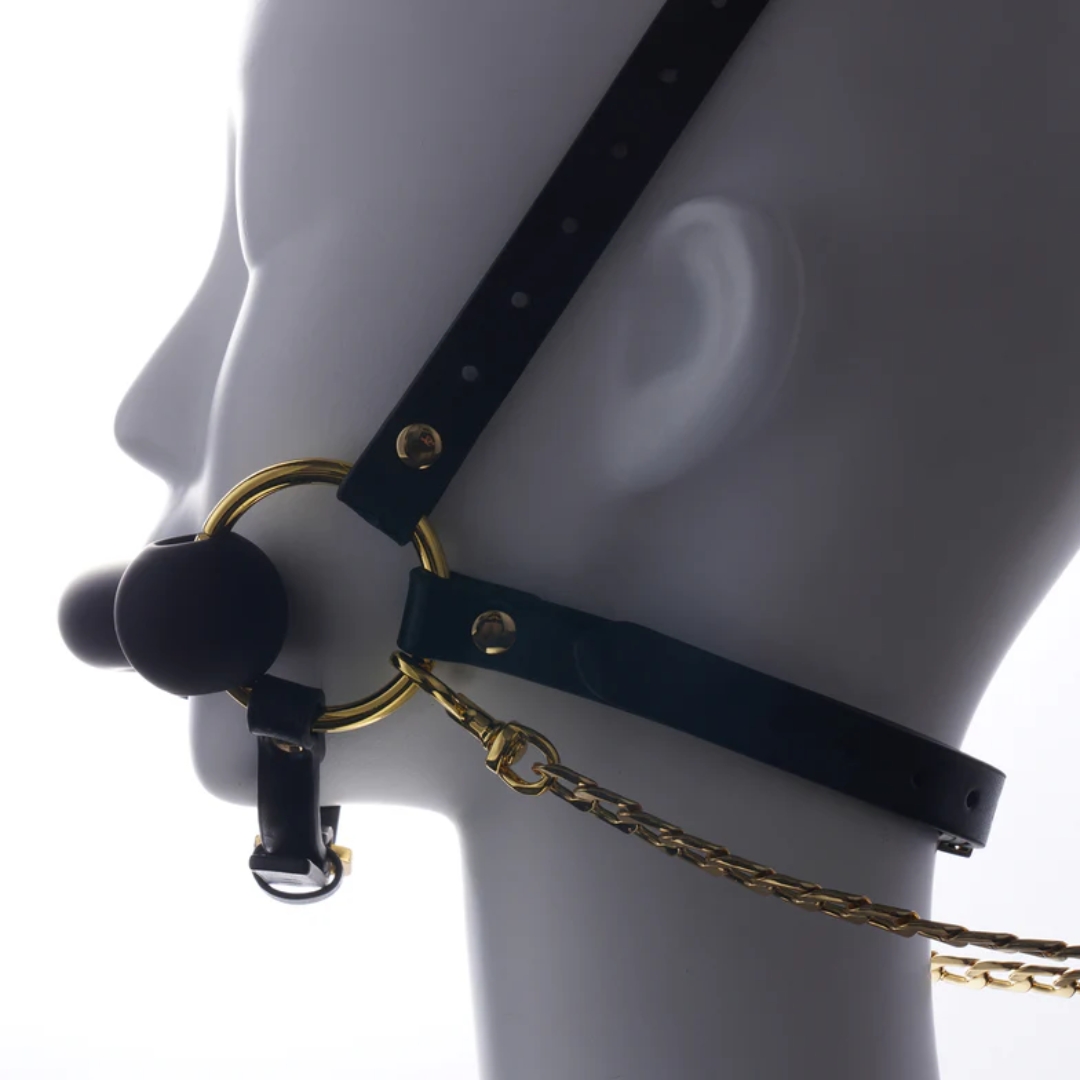 Adjustable Leather Head Restraint Harness Mouth Gag With Leash