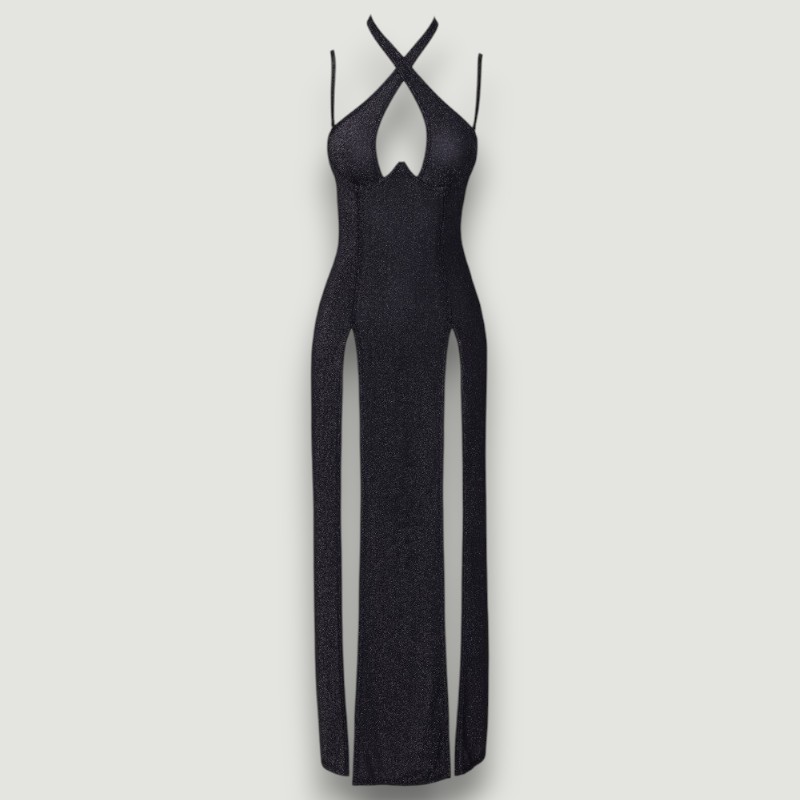 Brokatowa czarna sukienka z rozcięciami