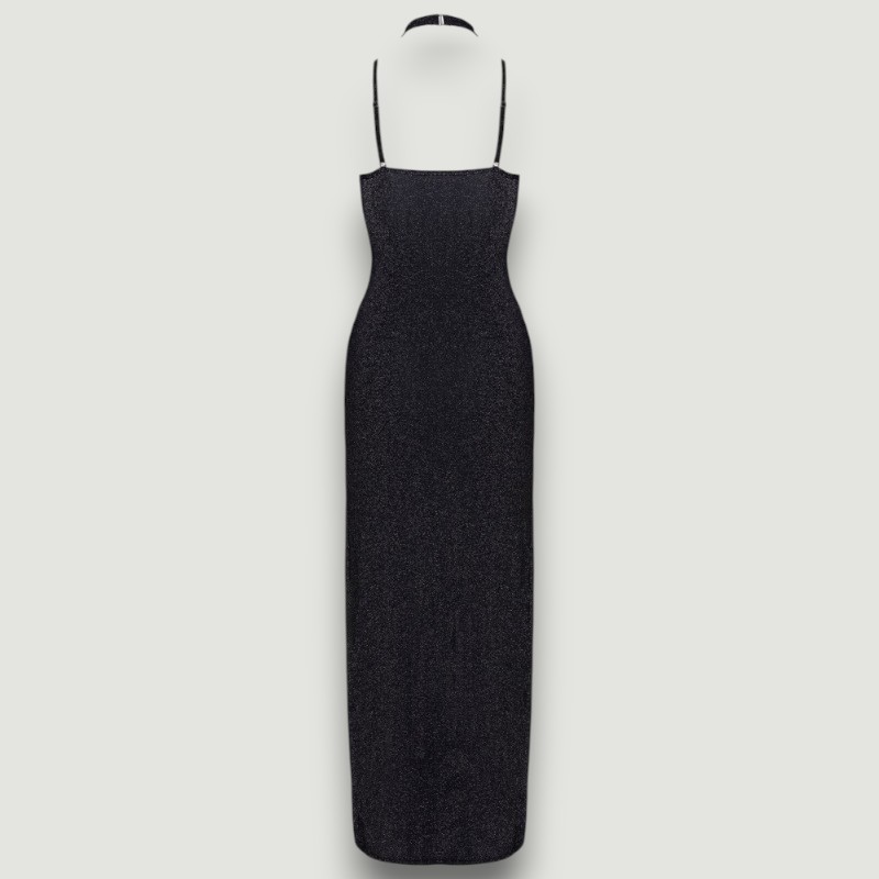 Brokatowa czarna sukienka z rozcięciami