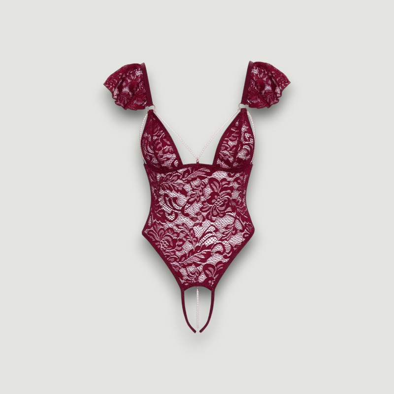 Czerwone koronkowe body z perełkami