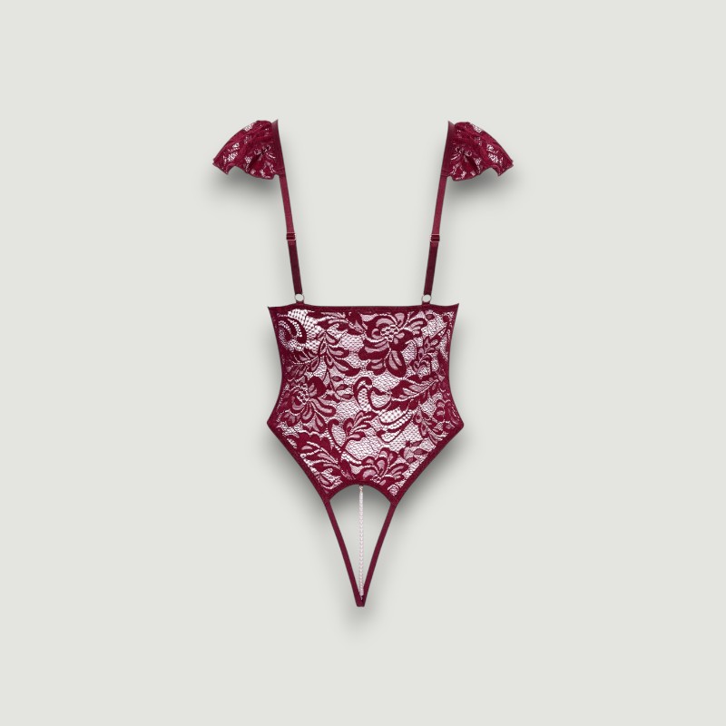 Czerwone koronkowe body z perełkami