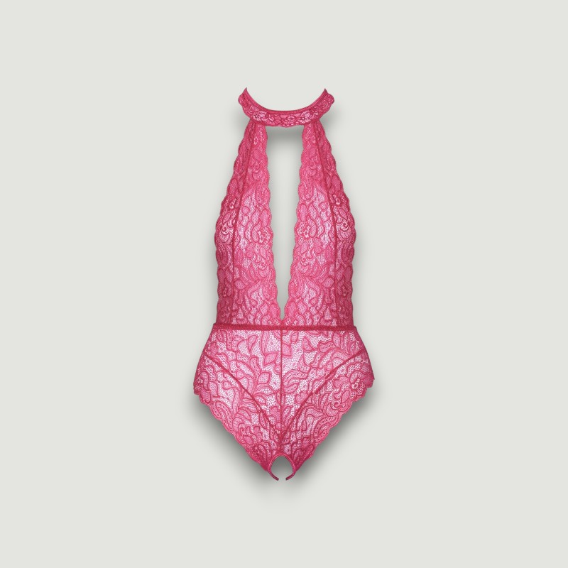 Koronkowe różowe body z otwartym krokiem S/M