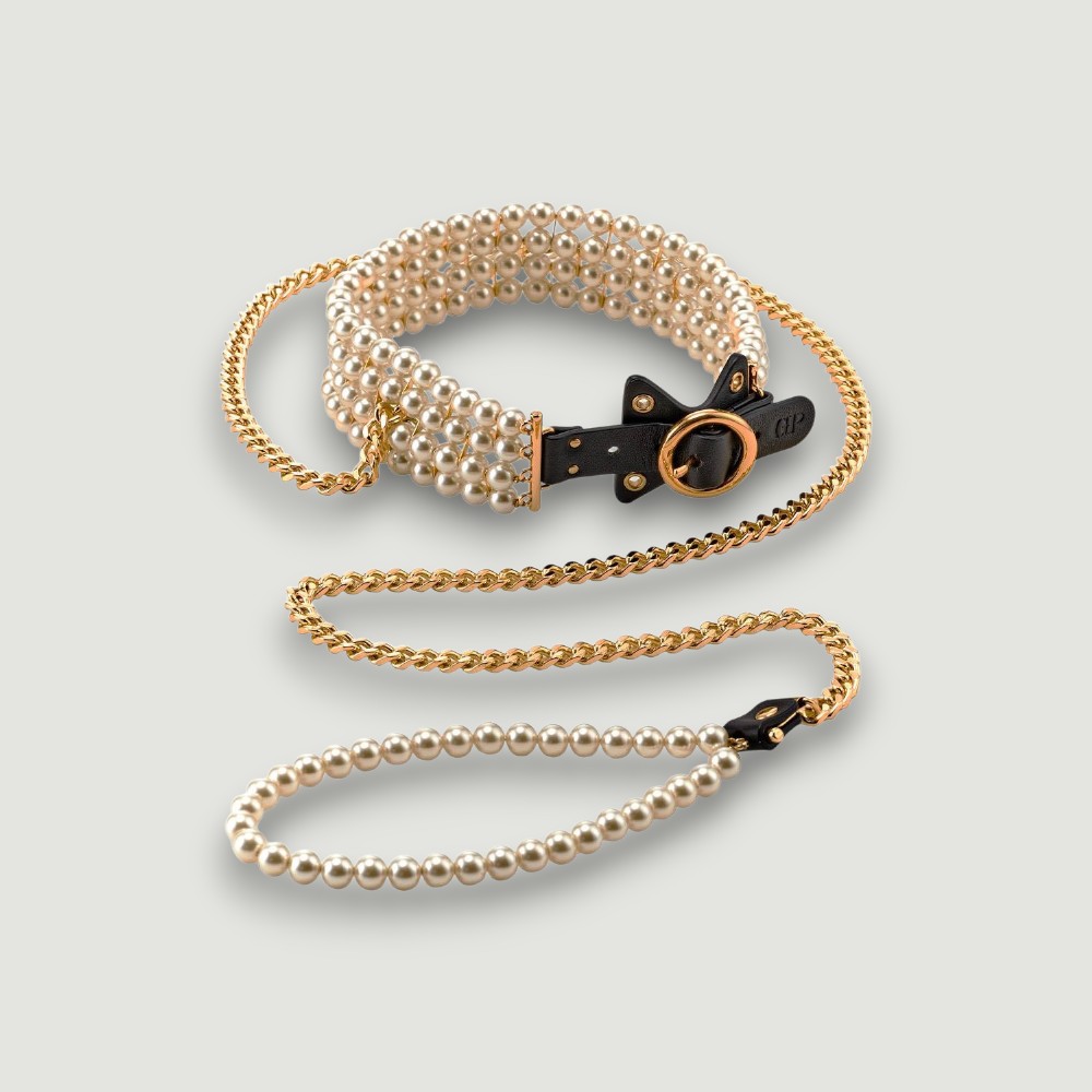 Luksusowy zestaw obroża i smycz z pereł