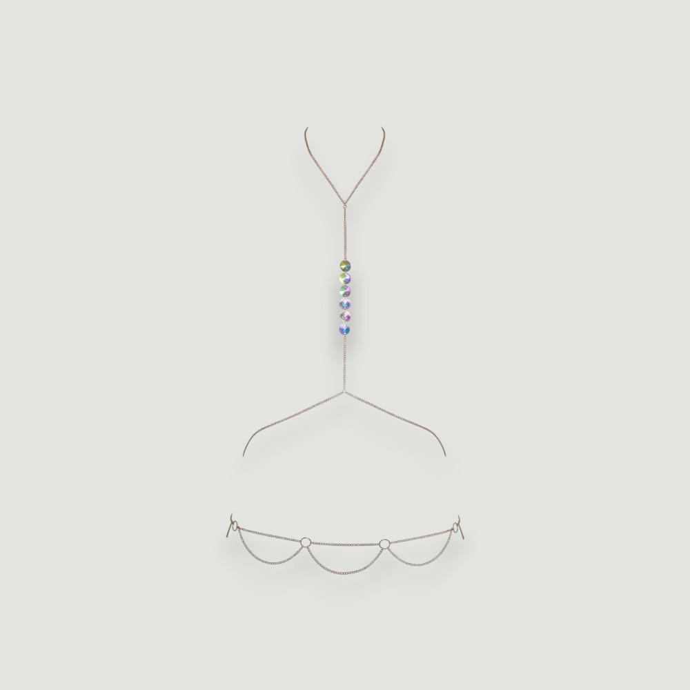 Złoty łańcuszek na ciało z holograficznymi kryształami