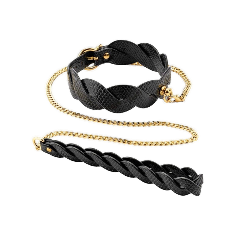 Elegancki zestaw obroża i smycz z plecionymi paseczkami