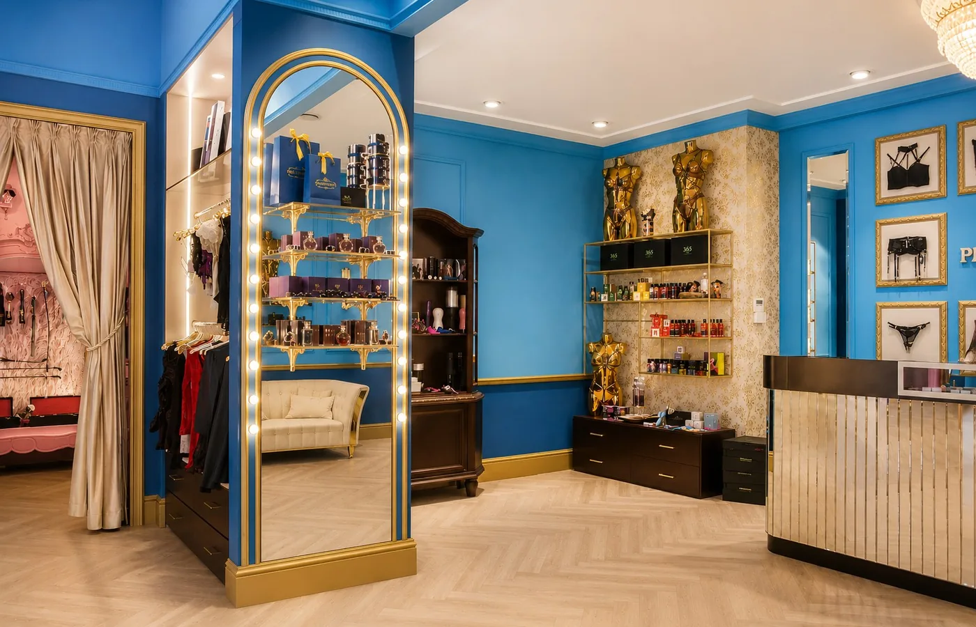 Salon butiku Par L'amour Gdańsk - łukowe lustro i regały z bielizną